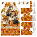 Canvas project panel featuring owls resting on stylized pumpkins on the apron, fall leaves for apron straps and oven mitts, as well as owl coasters.