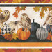 Border stripe fabric featuring alternating rows of fall leaves, and owls resting on stylized pumpkins.