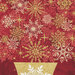 Up close section of red panel fabric featuring snowflakes in gold metallic, white and red.
