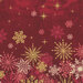 Up close section of deep red fabric featuring tossed gold metallic stars and borders with red, white, and gold metallic snowflakes.