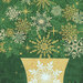 Up close section of panel fabric featuring snowflakes in gold metallic, white and green in the shape of a Christmas tree.