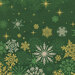 Up close section of evergreen fabric featuring tossed gold metallic stars and borders with green, white, and gold metallic snowflakes.