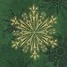 Close up section of fabric featuring green and gold metallic snowflakes.