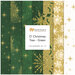 A collage of fabrics in the O' Christmas Tree collection with green and gold metallic fabrics with a snowflake and stars theme.