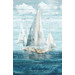 Panel depicting four sailboats on deep aquamarine water with seagulls and white clouds in the gray blue sky.
