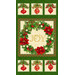 Green panel with a block-style design with Christmas motifs, including wreaths, ornaments, holly, and the word 