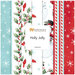 A collection of fabrics included in the Holly Jolly collection with icy blue, white, and candy red fabrics featuring snowmen, snowflakes, and holly.