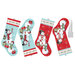 Stockings project panel with stockings in icy blue and Christmas red with scenes of snowmen enjoying the holiday season with decorations and presents.