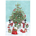 Panel fabric featuring snowmen decorating an evergreen tree surrounded by presents.
