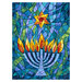 A Hanukkah themed fabric panel featuring a stained glass motif of the Star of David and a lit Hanukkah menorah.