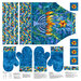 A blue Hanukkah themed fabric panel with instructions and patterns for making an apron and two oven mitts. 