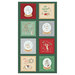 A spruce green panel depicting the Little Nutbrown Hare and others with holiday themed text in eight multicolored squares