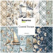 A collage of fabrics included in the Coastal Escape collection with cream, sandy tan, sky blue, and navy fabrics with an ocean theme.