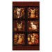 A fabric panel depicting six cats, each surrounded by an array of pumpkins, orange leaves and sunflowers, atop a black textured background with an auburn and green border