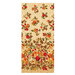 Border print fabric featuring a bouquet of fall flowers falling to rest in a bed of foliage at the bottom on a tan floral paisley background.