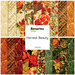 A collection of fabrics included in the Harvest Beauty collection with cream, red, brown, and green fabrics featuring an autumn harvest theme.