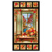 Panel fabric featuring a window pane effect showcasing a cottage window in fall decorated with autumn foliage.