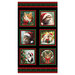 A panel featuring six cats in Santa hats, wreaths, and lots of snow, surrounded by a red and green border