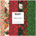 A collage of the red, green, black, and cream fabrics featured in this collection