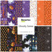 A collage of fabrics included in the Ghostly Soiree collection with purple, orange, and black fabrics with a Halloween theme.