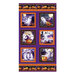 Album fabric panel featuring spooky scenes of haunted houses, ghosts, and jack o' lanterns in polka dot frames and purple background.