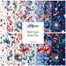 A collage of red and blue fabrics in the Red Truck Road Trip collection with a patriotic theme.