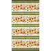 Border stripe fabric featuring alternating rows of fall flower garlands on a mottled cream background and ornamental designs on a mottled green background