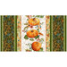 Table runner of mottled green fabric featuring a pumpkins and foliage on a mottled linen center and damask pattern outside borders.
