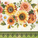 An 8x8 swatch of the fabric featuring yellow, pink, and peach florals, with an ornamental green border stripe at the bottom.