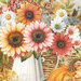 an 8x8 swatch of one of the placemat panels featuring multicolored florals in a white vase next to a pumpkin.