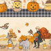 Up close section of tan fabric with purple gingham, jack-o-lanterns, and Pooh and friends