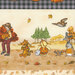 Up close section of tan fabric with purple gingham, jack-o-lanterns, and Pooh and friends