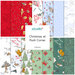 A collage of fabrics included in the Christmas at Pooh Corner collection featuring red, blue, white, and green fabrics with a Christmas theme.