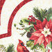 an 8x8 swatch of the panel featuring a close up of a poinsettia with pinecones, holly berries, and tree trimmings next to a cardinal bird on an embellished red and cream background