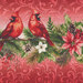 an 8x8 swatch of the border print featuring cardinals on a tree branch with poinsettias, pinecones, and holly berries on an embellished ombre red background.