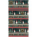 Border stripe fabric featuring jolly snowmen, decorated trees, and cozy fireplaces alternating between rows festive stockings on dark teal fabric.