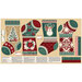 Stockings panel project fabric featuring four elegant stocking designs featuring a decorated tree, poinsettia, snowman, and snowflake in reds, greens, and creams.