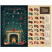 Advent calendar simple quilt panel features an elegant decorated fireplace, tree, and presents below shelves dressed in candles and holly on dark teal fabric.