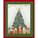 Fabric panel with a large stylized Christmas tree centerpiece accented with Scandinavian motifs such as townhouses, ornaments, and snow.