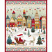 Multicolored fabric with a delightful scene of Nordic townhouses, ornaments, snow, Christmas trees, Santa on his sleigh, and other festive motifs.