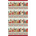 Multicolored border print with an inspired design of townhouses and stylized floral stripes.