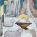 an 8x8 swatch of the panel featuring baby Jesus in the manger surrounded by animals, Mary and Joseph, and a wiseman.