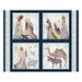 a navy blue panel with stars with four ivory blocks depicting the Christmas nativity with Jesus, Mary, and Joseph, the wise men, an angel, camel and donkey. The lyrics of silent night are on the sides of the panel