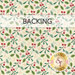 A swatch of cream fabric with tossed holly and mistletoe. A banner at the top reads "Backing" and a golden Shabby Fabrics sits in the bottom right corner.