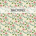 A swatch of cream fabric with tossed holly and mistletoe. A banner at the top reads "Backing".