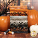 A stack of the fabrics included in the Pumpkin Groce collection, with pumpkins and a spooky tree and a window and thread.