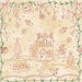 an 8x8 swatch featuring a red, embroidered-style graphic of a house out in the snow with a green leaf border decorated with seasonal objects on a mottled cream background.