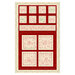 Fabric panel with 12 square beige blocks and one beige rectangular block on a background of mottled red and with a beige border all featuring Christmas motifs.