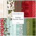 A collage of fabrics included in the Snowtop Mountain Flannel collection with cream, brown, red, aqua and green fabrics with a festive winter theme.