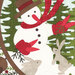 Close up image of the panel featuring a snowman holding carrots up for two rabbits.